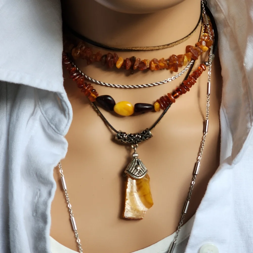 Amber Jewelry Natural Amber Nugget Rhodium Silver Pendant Genuine Leather